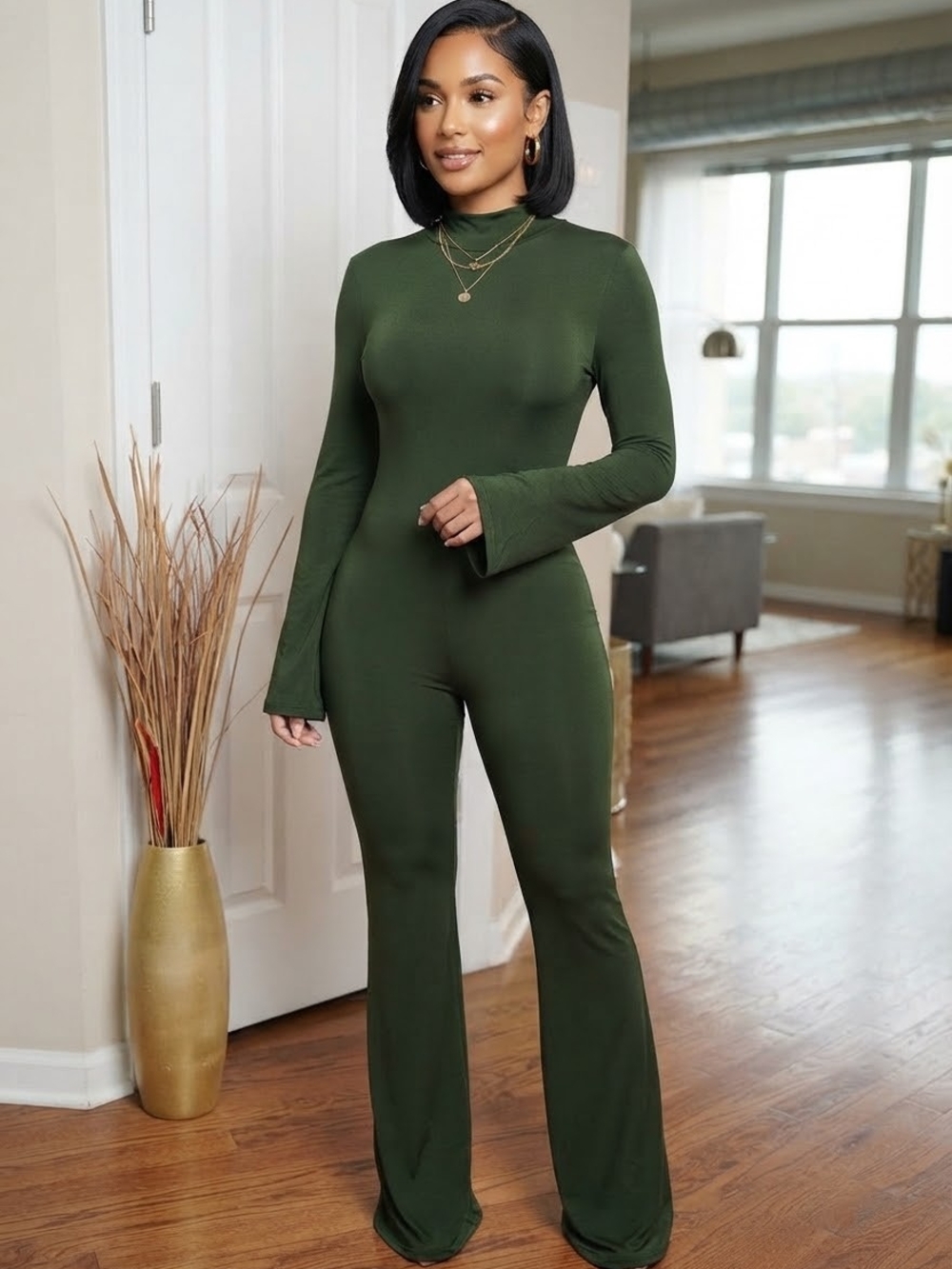 High-Neck Olive Green Long Sleeve Jumpsuit - Women's Slim Flare Romper